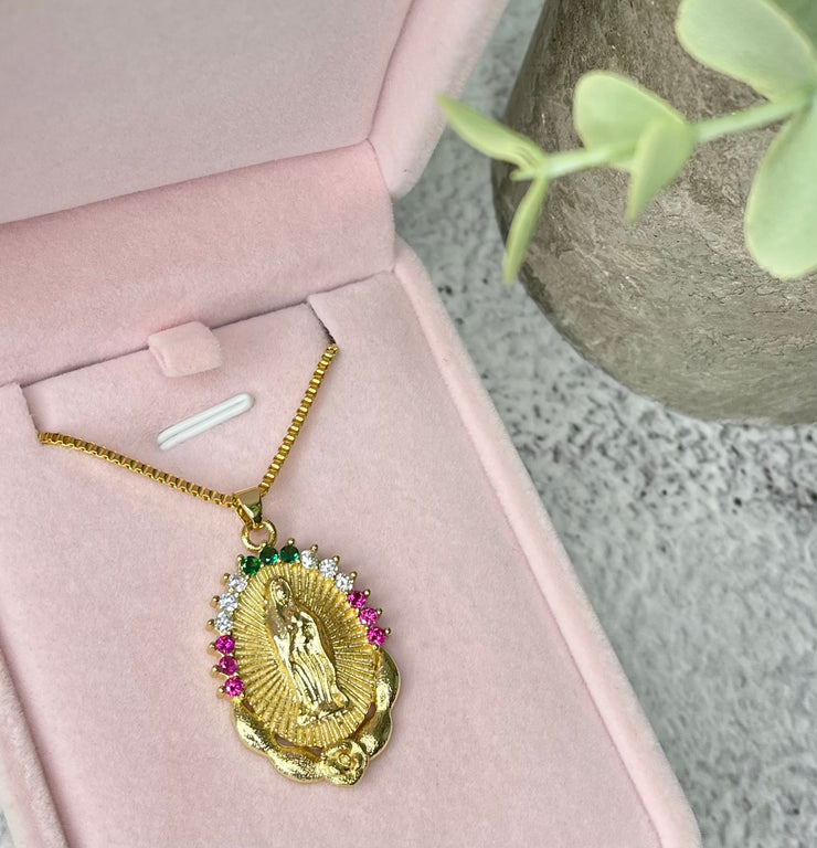 COLORED VIRGIN MARY PENDANT NECKLACE