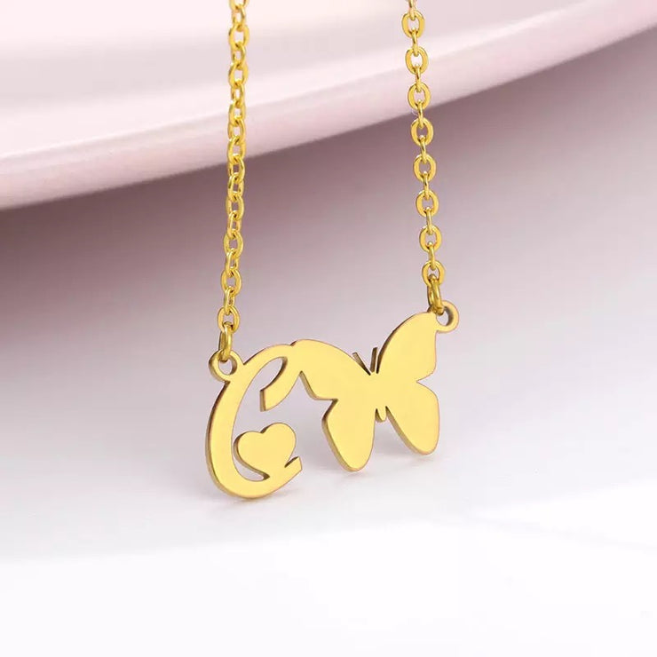 Rose Gold Butterfly Necklace with Initial Pendant | Jewels 4 Girls
